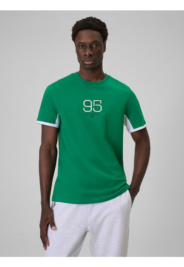 4f - 4F T-shirt regular z nadrukiem męski - zielony L. Okazja: na co dzień. Kolor: zielony. Materiał: dzianina, bawełna, materiał. Wzór: nadruk. Styl: casual