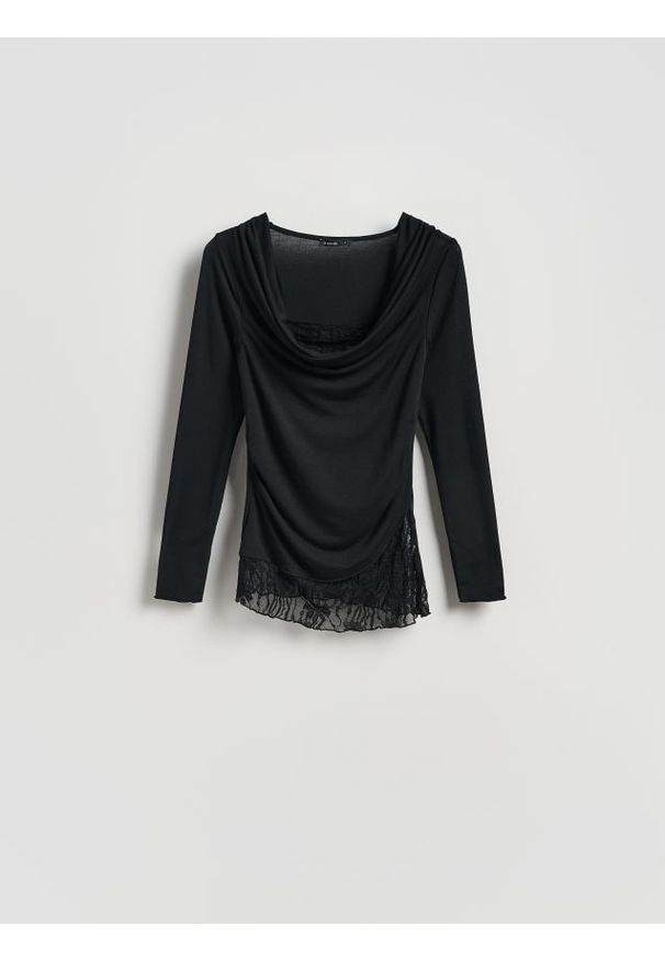 Reserved - Bluzka z koronkową wstawką - czarny. Kolor: czarny. Materiał: koronka