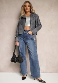 Renee - Szara Kurtka o Kroju Ramoneski z Paskiem ze Sprzączką i Kieszeniami Milvila. Okazja: na co dzień. Kolor: szary. Materiał: jeans. Styl: casual, klasyczny, elegancki, rockowy #5