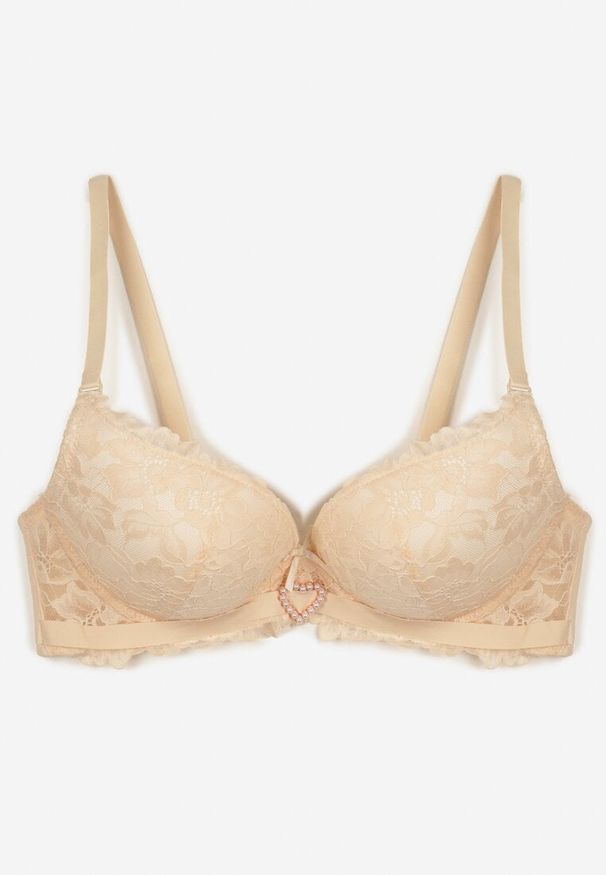 Born2be - Beżowy Biustonosz Ozdobiony Koronką i Cyrkoniowym Sercem Fannel. Kolor: beżowy. Materiał: koronka. Rodzaj stanika: odpinane ramiączka. Wzór: aplikacja, koronka