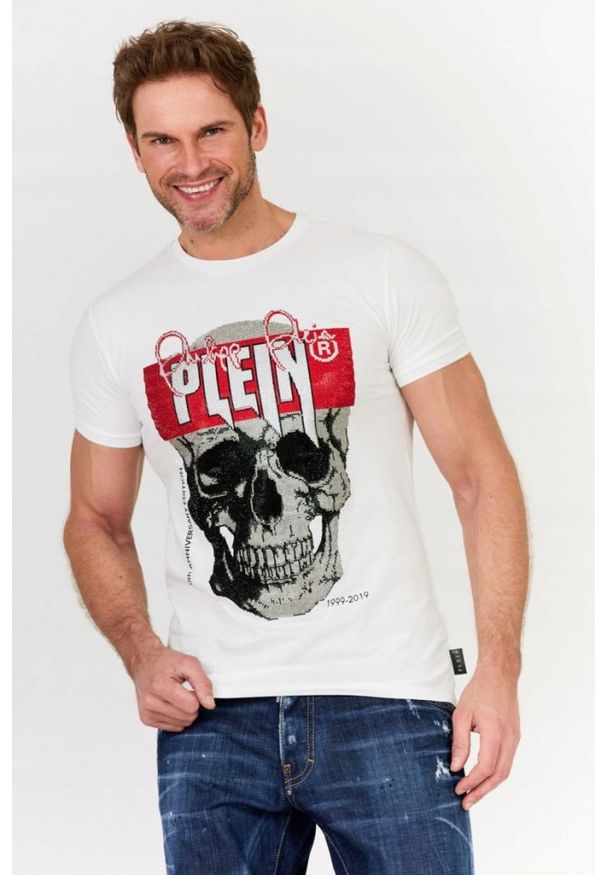 Philipp Plein - PHILIPP PLEIN Biały t-shirt z czaszką i logo. Kolor: biały. Materiał: prążkowany. Wzór: aplikacja