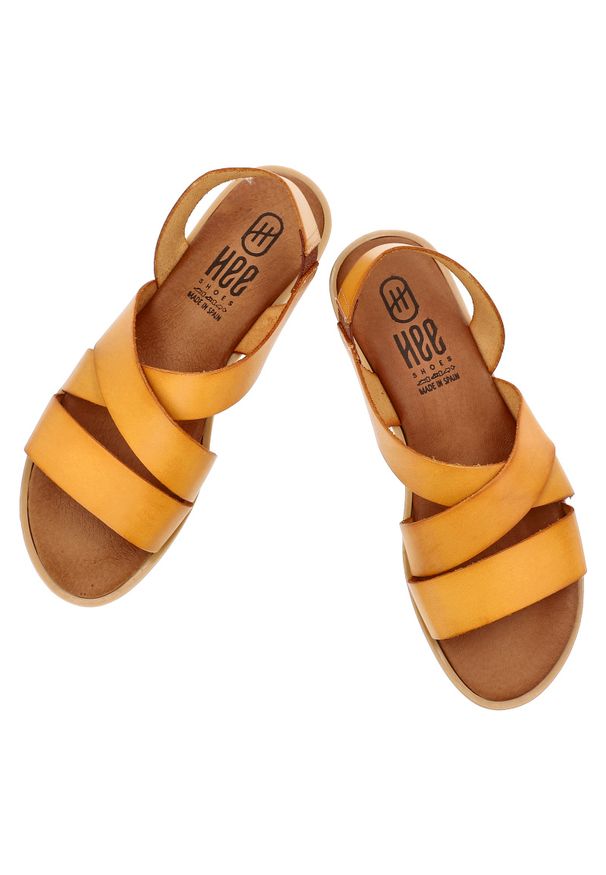 Hee - Sandały damskie HEE, na platformie ze skóry naturalnej wsuwane z gumką, pomarańczowe, 25366. Okazja: na co dzień, na spacer. Zapięcie: bez zapięcia. Kolor: pomarańczowy. Materiał: skóra. Wzór: paski. Sezon: lato. Obcas: na platformie. Styl: wakacyjny, casual