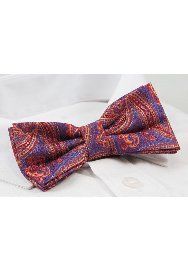 Mucha Męska z Poszetką, Granatowo-Pomarańczowa, Wzór Paisley - Alties. Kolor: czerwony, wielokolorowy, niebieski. Wzór: paisley. Styl: sportowy, elegancki