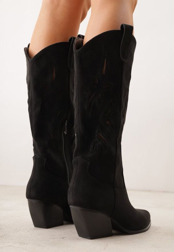 Renee - Czarne Ażurowe Kozaki Kowbojki na Obcasie typu Stożek Tidrina. Kolor: czarny. Materiał: zamsz. Wzór: ażurowy. Obcas: na obcasie. Styl: elegancki. Wysokość obcasa: średni
