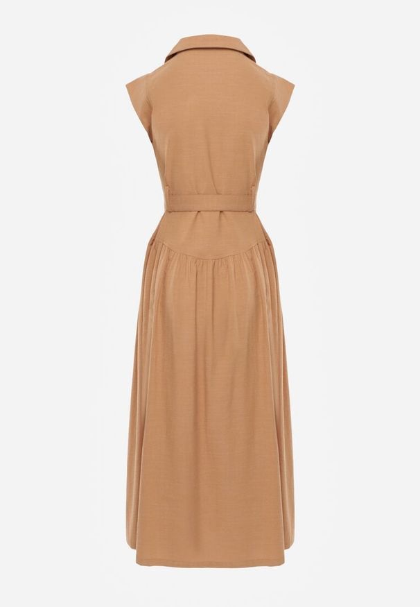 Renee - Beżowa Bawełniano-Wiskozowa Sukienka Koszulowa Bez Rękawów z Paskiem Athithoe. Kolor: beżowy. Materiał: wiskoza, bawełna. Długość rękawa: bez rękawów. Typ sukienki: koszulowe