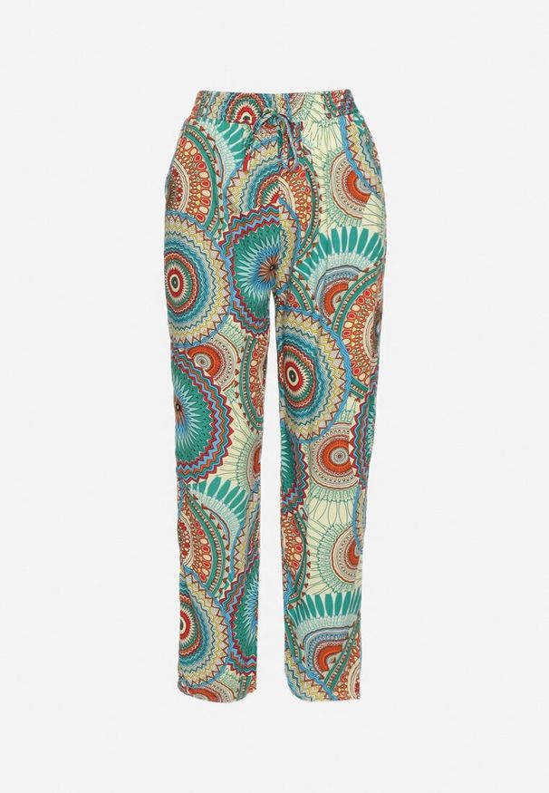 Born2be - Zielone Bawełniane Spodnie o Szerokim Kroju z Wysokim Stanem ze Wzorem Boho Zarrive. Okazja: na co dzień. Stan: podwyższony. Kolor: zielony. Materiał: bawełna. Styl: boho