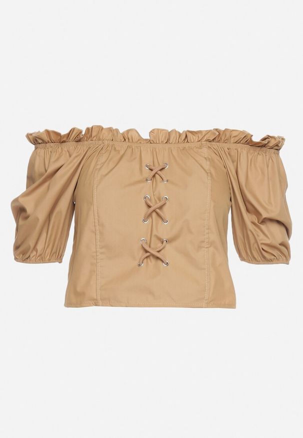 Born2be - Ciemnobeżowa Bluzka Typu Hiszpanka z Ozdobnymi Marszczeniami Viknia. Okazja: na co dzień. Typ kołnierza: dekolt hiszpanka. Kolor: beżowy. Długość rękawa: długi rękaw. Długość: długie. Styl: casual