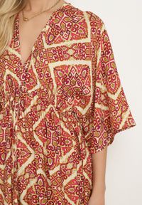 Born2be - Różowo-Żółty Kombinezon Boho z Gumką w Talii Wiązany na Plecach z Szerokimi Nogawkami Rodolia. Okazja: na co dzień. Kolor: różowy. Długość rękawa: krótki rękaw. Długość: krótkie. Styl: boho #2