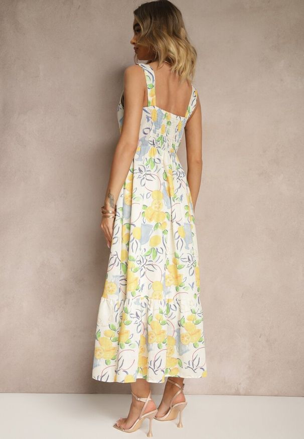 Renee - Beżowa Bawełniana Sukienka z Motywem Cytryn Lenvira. Kolor: beżowy. Materiał: bawełna