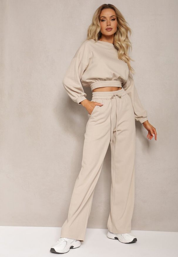 Renee - Beżowy Bawełniany Komplet Bluza Krótka ze Ściągaczem i Szerokie Spodnie ze Sznurkiem w Pasie Rionnea. Kolor: beżowy. Materiał: bawełna