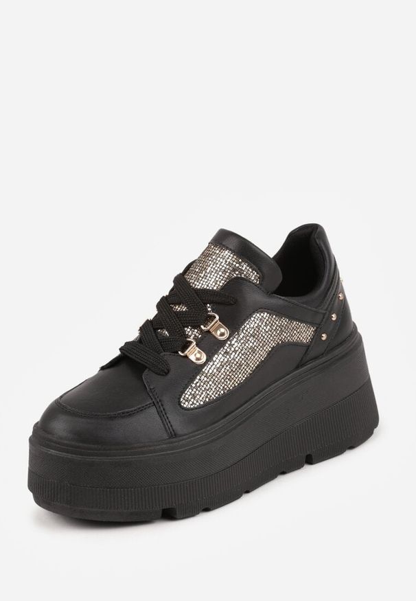 Renee - Czarne Sneakersy VICES na Koturnie z Brokatowymi Wstawkami Morinatea. Okazja: na co dzień. Kolor: czarny. Materiał: jeans. Wzór: aplikacja. Sezon: lato. Obcas: na koturnie