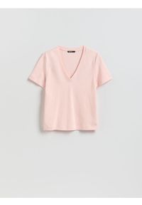 Reserved - T-shirt z bawełny merceryzowanej - pastelowy róż. Kolor: różowy. Materiał: bawełna. Wzór: gładki