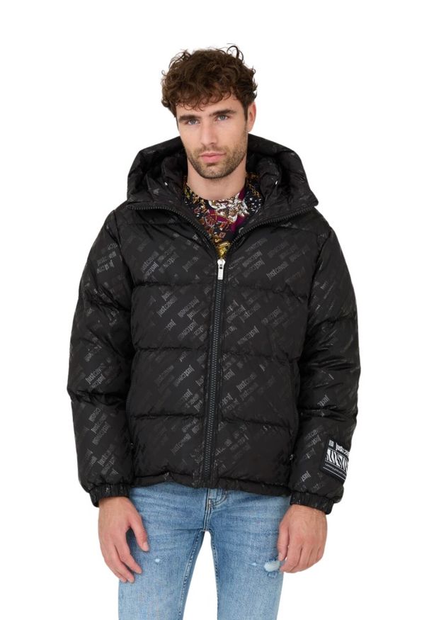 Just Cavalli - JUST CAVALLI Czarna męska kurtka R Print Logo, Rozmiar 50. Kolor: czarny. Wzór: nadruk