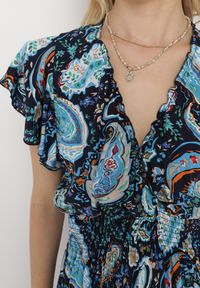 Born2be - Granatowa Bawełniana Sukienka Boho z Gumką w Talii i Wzorem Paisley Sirrelia. Kolor: niebieski. Materiał: bawełna. Wzór: paisley. Styl: boho #5