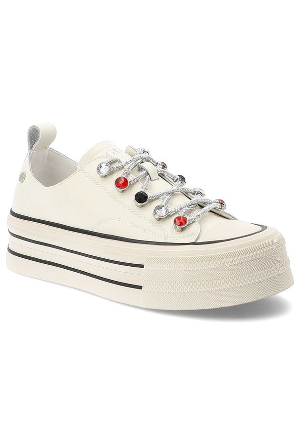 Sneakersy damskie GOE, cholewka ze skóry licowej z zaokrąglonym noskiem na solidnej podeszwie, białe, TT2N4072. Kolor: biały. Materiał: skóra. Szerokość cholewki: normalna