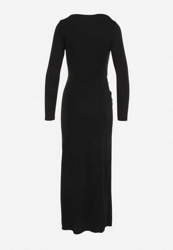 Born2be - Czarna Sukienka Koktajlowa z Aplikacją z Marszczeniem na Biodrach Rariana. Okazja: na randkę, na imprezę. Kolor: czarny. Długość rękawa: długi rękaw. Wzór: aplikacja. Styl: wizytowy