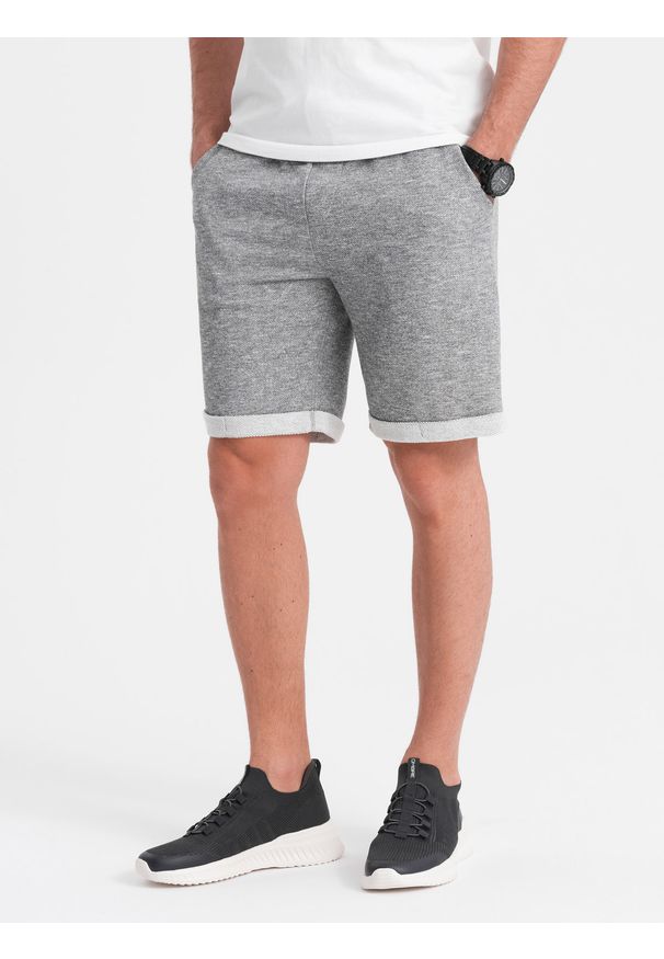 Ombre Clothing - Spodenki męskie z tkaniny melanżowej LOOSE FIT - szare V6 - Rozmiar: XXL. Kolor: niebieski. Materiał: tkanina. Wzór: melanż