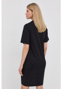 Love Moschino sukienka bawełniana kolor czarny mini prosta. Kolor: czarny. Materiał: bawełna. Długość rękawa: krótki rękaw. Wzór: aplikacja. Typ sukienki: proste. Długość: mini