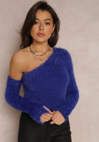 Renee - Granatowy Sweter na Jedno Ramię Pholy. Kolor: niebieski. Sezon: zima