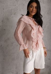 Renee - Różowa Bluzka z Lyocellem w Stylu Boho z Wiązaniem pod Szyją i Falbanami Tasimi. Okazja: na co dzień. Kolor: różowy. Materiał: jeans. Styl: boho #4