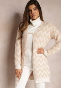 Renee - Beżowy Niezapinany Kardigan o Przedłużonym Fasonie w Zygzaki Chevron Oherna. Kolor: beżowy. Materiał: tkanina. Długość: długie. Wzór: paski #3