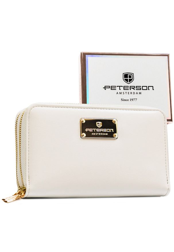 Portfel damski w typie piórnika ze skóry ekologicznej w białym kolorze, wyposażony w system RFID - Peterson. Kolor: biały. Materiał: skóra ekologiczna