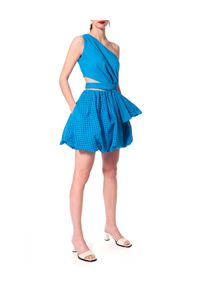 AGGI - Niebieska sukienka bombka Ariana. Okazja: na imprezę. Kolor: niebieski. Materiał: bawełna, tkanina. Wzór: ażurowy. Sezon: lato. Typ sukienki: bombki. Długość: mini #5