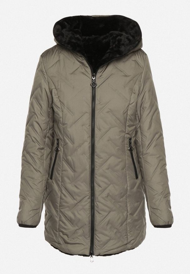 Born2be - Zielona Pikowana Kurtka Dwustronna z Kapturem i Futerkiem Rinaresa. Okazja: na co dzień. Typ kołnierza: kaptur. Kolor: zielony. Materiał: futro. Styl: elegancki, casual