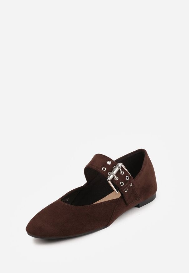Renee - Ciemnobrązowe Balerinki Vices w Stylu Mary Jane ze Skórzaną Wkładką Rilaneia. Okazja: na co dzień. Kolor: brązowy. Materiał: skóra. Wzór: grochy. Styl: casual, klasyczny