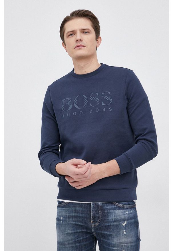 BOSS - Boss Bluza Athleisure męska kolor granatowy gładka. Okazja: na co dzień. Kolor: niebieski. Materiał: dzianina. Wzór: gładki. Styl: casual