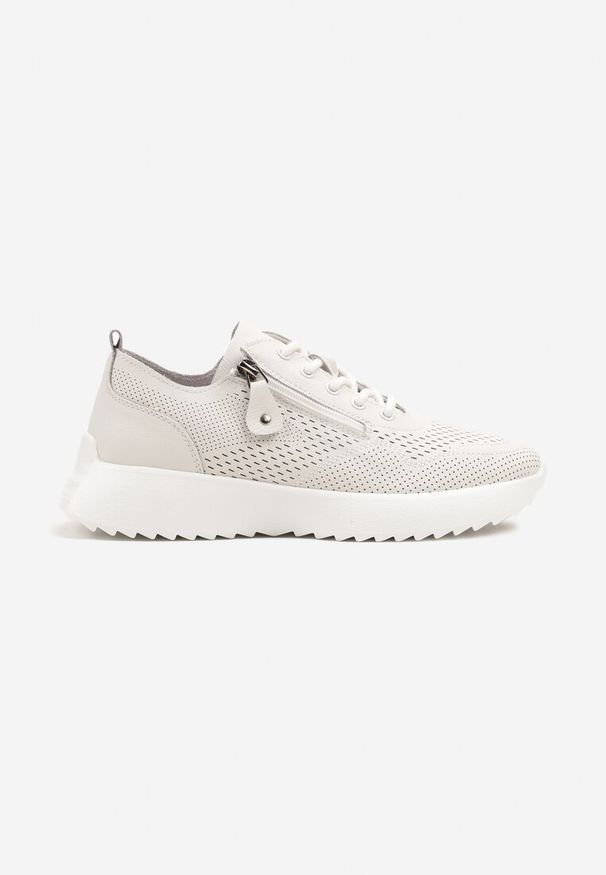 Born2be - Białe Skórzane Sneakersy z Ozdobnym Suwakiem Selami. Okazja: na co dzień. Zapięcie: sznurówki. Kolor: biały. Materiał: skóra. Obcas: na obcasie. Wysokość obcasa: niski