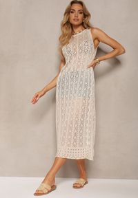 Renee - Beżowa Boho Tunika Narzutka o Ażurowym Wykończeniu bez Rękawów Lerantalia. Kolor: beżowy. Materiał: dzianina. Długość rękawa: bez rękawów. Wzór: ażurowy. Sezon: lato. Styl: boho #4