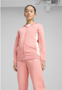 Puma - Młodzieżowy dres z kapturem i metalicznym wykończeniem PUMA Pink Fruit. Kolor: różowy. Materiał: dresówka. Styl: młodzieżowy