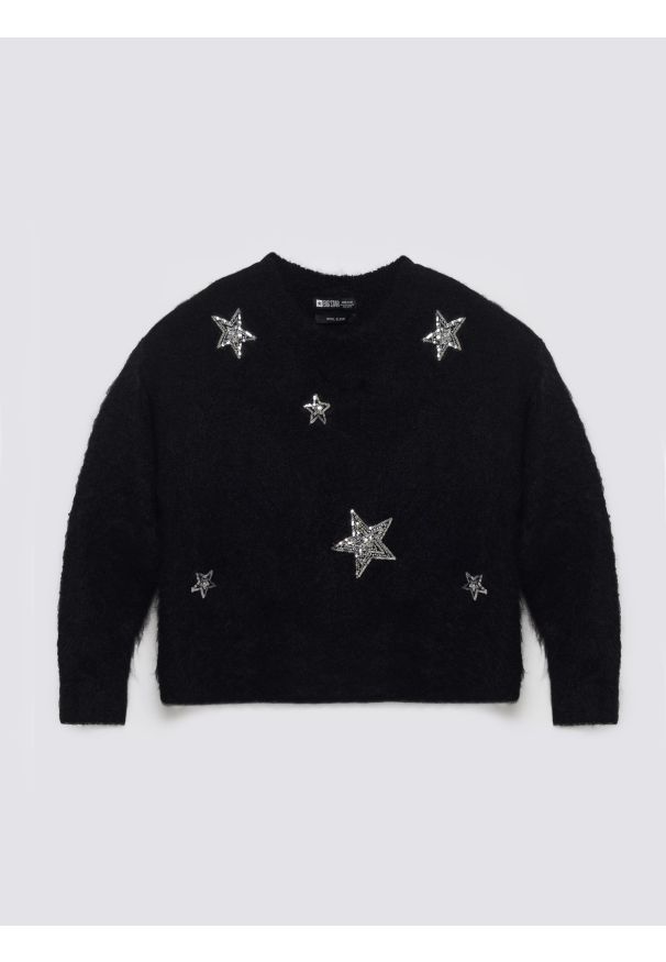Big-Star - Sweter damski z dodatkiem wełny z aplikacją czarny Starlia 906. Kolor: czarny. Materiał: wełna. Długość: krótkie. Wzór: aplikacja. Styl: retro