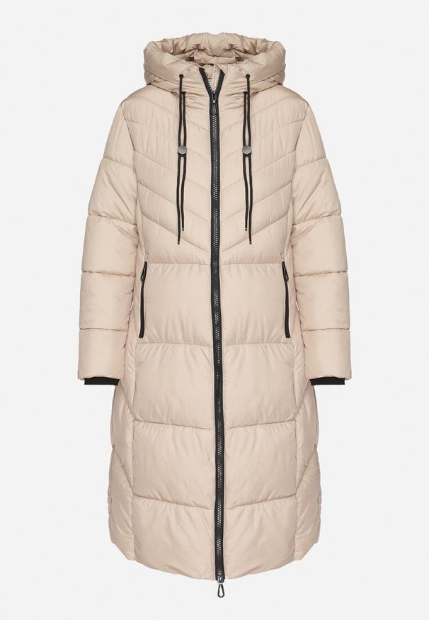 Born2be - Ciemnobeżowa Długa Kurtka Pikowana z Dwustronnym Suwakiem i Ściągaczami przy Kapturze Fezida. Okazja: na co dzień, na spotkanie biznesowe. Kolor: beżowy. Materiał: tkanina. Długość rękawa: długi rękaw. Długość: długie. Wzór: aplikacja. Styl: biznesowy, casual, elegancki