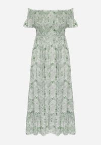 Renee - Zielona Bawełniana Sukienka o Fasonie Hiszpanki z Lekką Falbaną Risalins. Typ kołnierza: dekolt hiszpanka. Kolor: zielony. Materiał: bawełna. Długość: mini #4