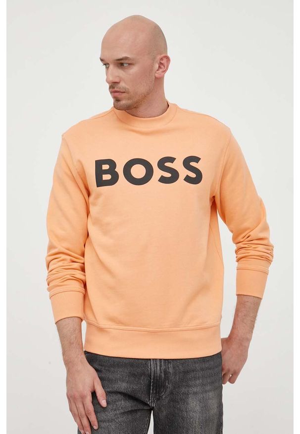 BOSS Orange - Boss Orange bluza bawełniana męska kolor pomarańczowy z nadrukiem. Kolor: pomarańczowy. Materiał: bawełna. Wzór: nadruk