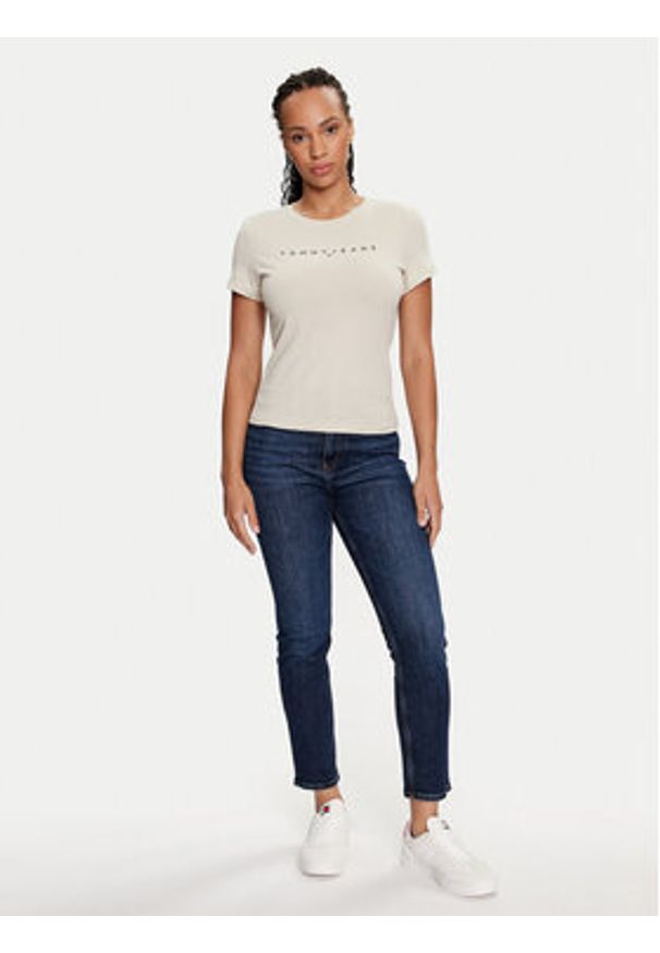 Tommy Jeans T-Shirt Linear DW0DW18398 Beżowy Slim Fit. Kolor: beżowy. Materiał: bawełna