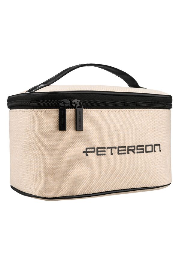 Beżowo-czarna kosmetyczka z tkaniny syntetycznej, jednokomorowa - Peterson. Kolor: czarny, beżowy, wielokolorowy. Materiał: tkanina, syntetyk