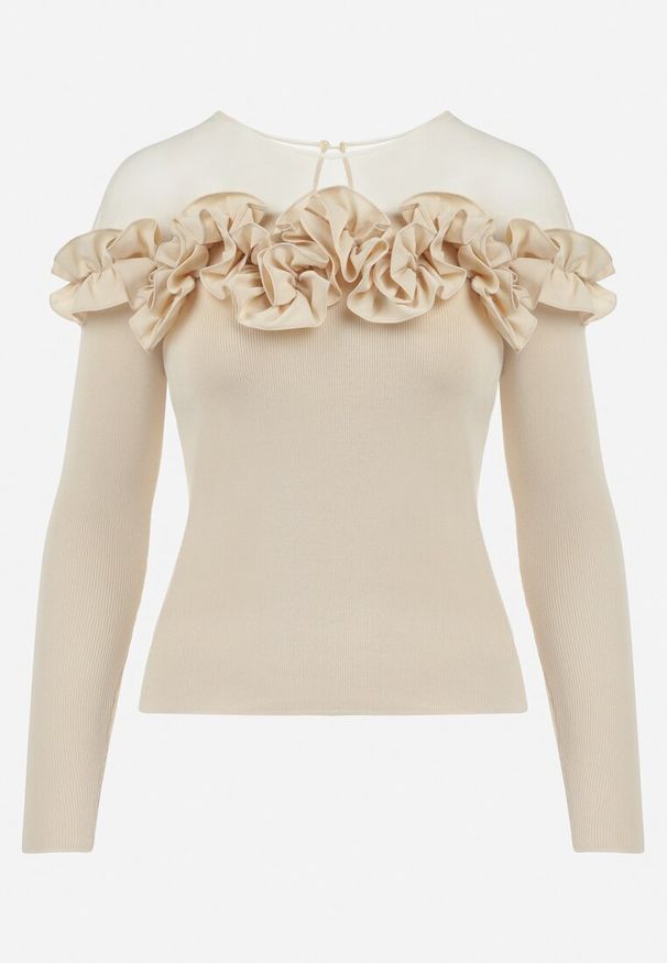 Born2be - Beżowa Bluzka z Prążkowanej Dzianiny z Siateczką i Falbankami Theodosene. Typ kołnierza: kołnierz z falbankami. Kolor: beżowy. Materiał: dzianina, prążkowany. Wzór: aplikacja