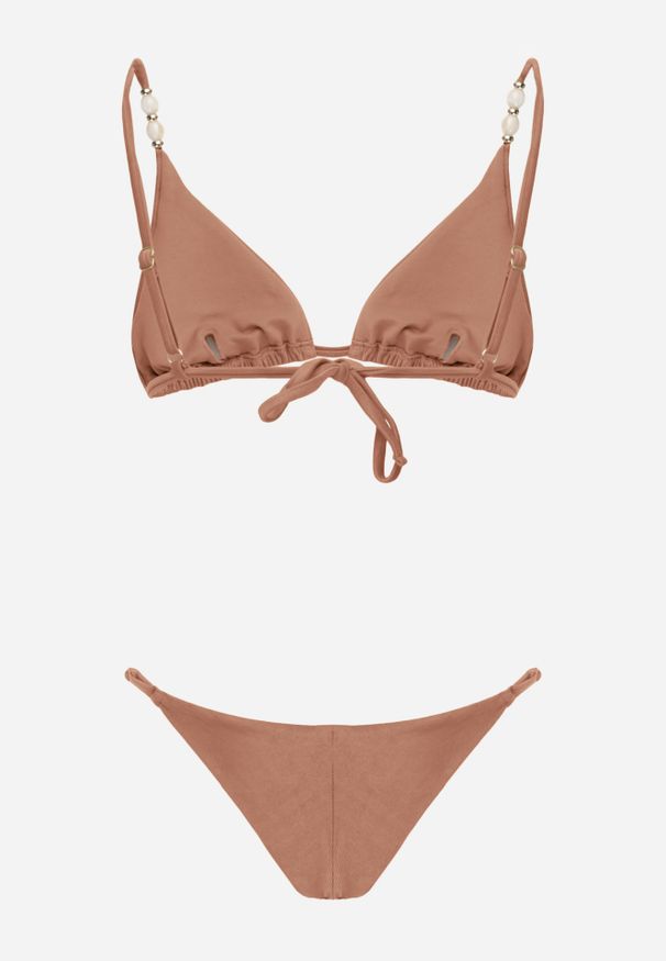 Renee - Brązowe Bikini Biustonosz z Wiązaniem na Plecach i Koralikami i Majtki Figi Sheille. Kolekcja: plus size. Kolor: brązowy. Wzór: aplikacja, haft