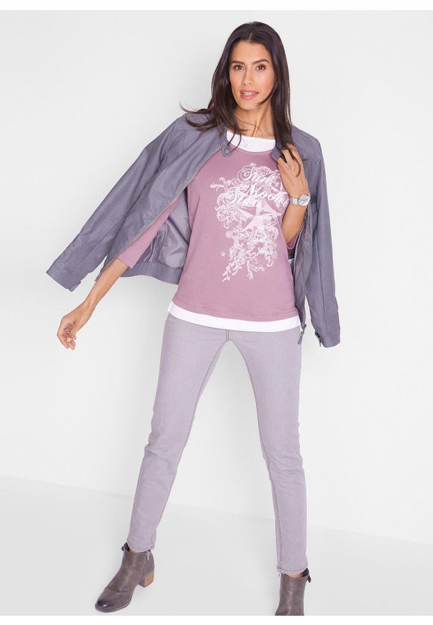 bonprix - Shirt 2 w 1, rękawy 3/4. Kolor: fioletowy. Materiał: bawełna. Wzór: nadruk