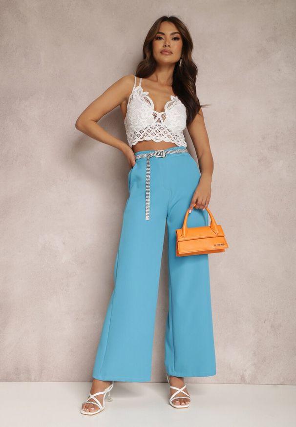 Renee - Niebieskie Spodnie Szerokie Laodaleia. Stan: podwyższony. Kolor: niebieski. Materiał: tkanina. Długość: długie. Wzór: gładki. Styl: elegancki