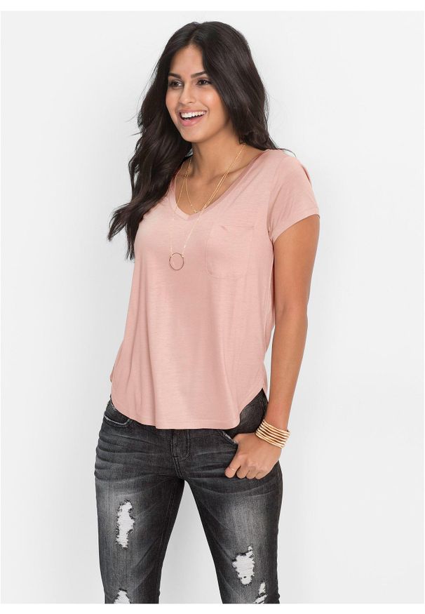 bonprix - T-shirt z miękkiej wiskozy. Typ kołnierza: dekolt w serek. Kolor: różowy. Materiał: wiskoza