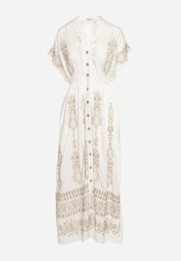 Born2be - Biała Haftowana Taliowana Sukienka z Bawełną Zdobiona Srebrną Nicią i Gumkami Ellofia. Okazja: na co dzień. Kolor: biały. Materiał: bawełna. Wzór: haft, aplikacja. Typ sukienki: proste. Styl: klasyczny, casual, elegancki