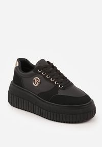 Renee - Czarne Chunky Sneakersy VICES z Aplikacją na Platformie ze Żłobieniami Ilunatesa. Kolor: czarny. Materiał: jeans. Wzór: aplikacja. Obcas: na platformie #8
