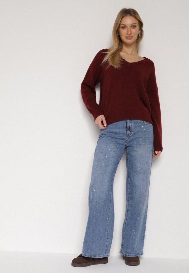 Born2be - Niebieskie Szerokie Jeansy z Wysokim Stanem i Błyszczącymi Aplikacjami Glysera. Stan: podwyższony. Kolor: niebieski. Wzór: aplikacja. Styl: elegancki, klasyczny