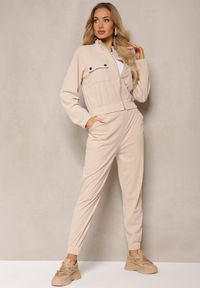 Renee - Jasnobeżowy Komplet Dresowy w Prążki Bluza Kurtka Rozpinana z Kołnierzykiem i Spodnie Lisulla. Kolor: beżowy. Materiał: dresówka. Wzór: prążki. Sport: turystyka piesza