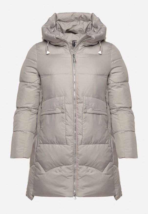 Born2be - Jasnozielona Długa Pikowana Kurtka z Nieodpinanym Kapturem Mevessia. Okazja: na co dzień. Kolor: zielony. Materiał: jeans. Długość: długie. Styl: klasyczny, casual, elegancki