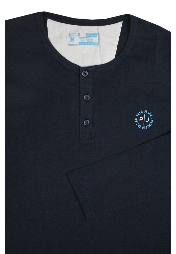 Koszulka z Długim Rękawem (Longsleeve) - Pako Jeans - Guziki Przy Dekolcie - Granat. Okazja: na co dzień. Kolor: niebieski. Materiał: bawełna. Długość rękawa: długi rękaw. Długość: długie. Styl: casual